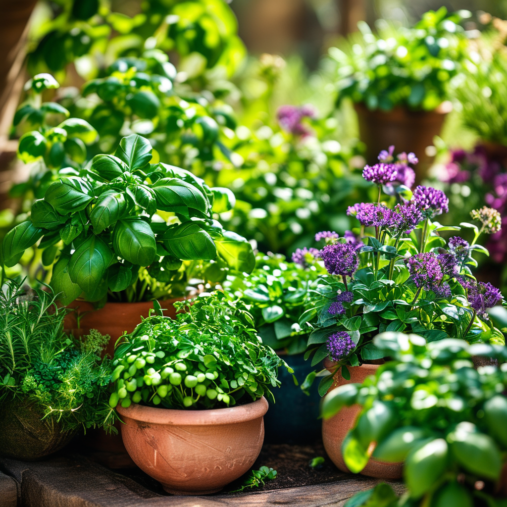 Herbs for Bread: Enhance Your Baking with Culinary Flavors 3 A beautifully arranged herb garden with lush basil, rosemary, and chives thriving in pots.