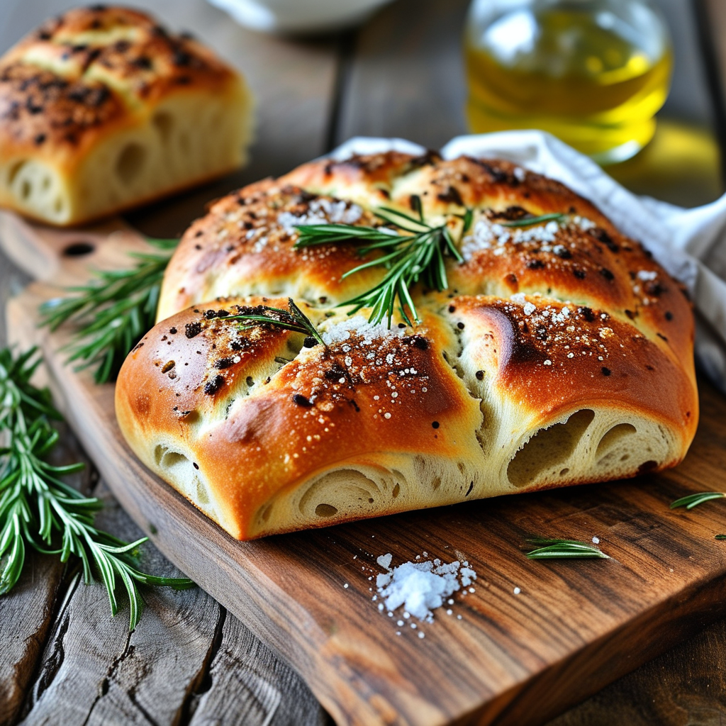 Herbs for Bread: Enhance Your Baking with Culinary Flavors 4 A freshly baked focaccia bread topped with rosemary and sea salt, served on a wooden cutting board.