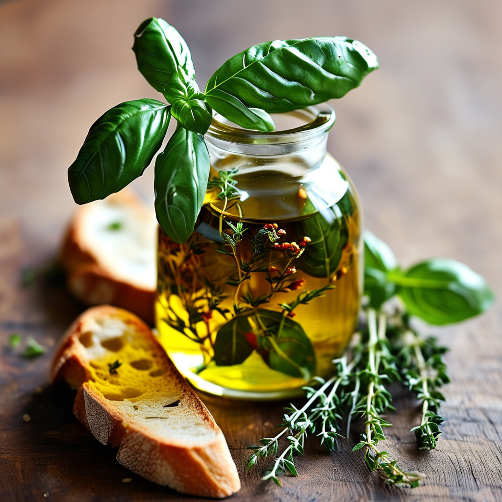 Herbs for Bread: Enhance Your Baking with Culinary Flavors 5 A jar of herb-infused olive oil with sprigs of herbs peeking out, placed next to a slice of bread.
