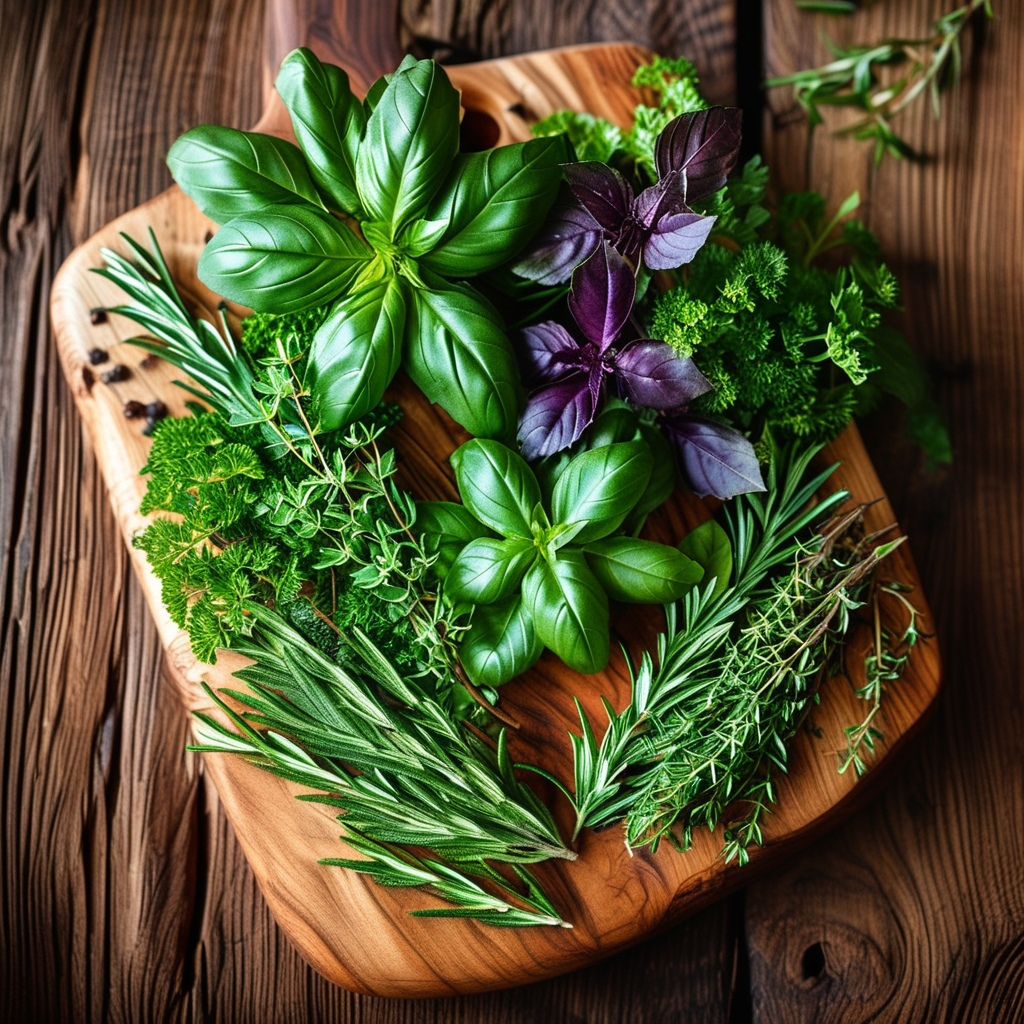 Herbs in Bread: Enhancing Flavor and Health 1 A vibrant assortment of fresh herbs laid out on a wooden cutting board.
