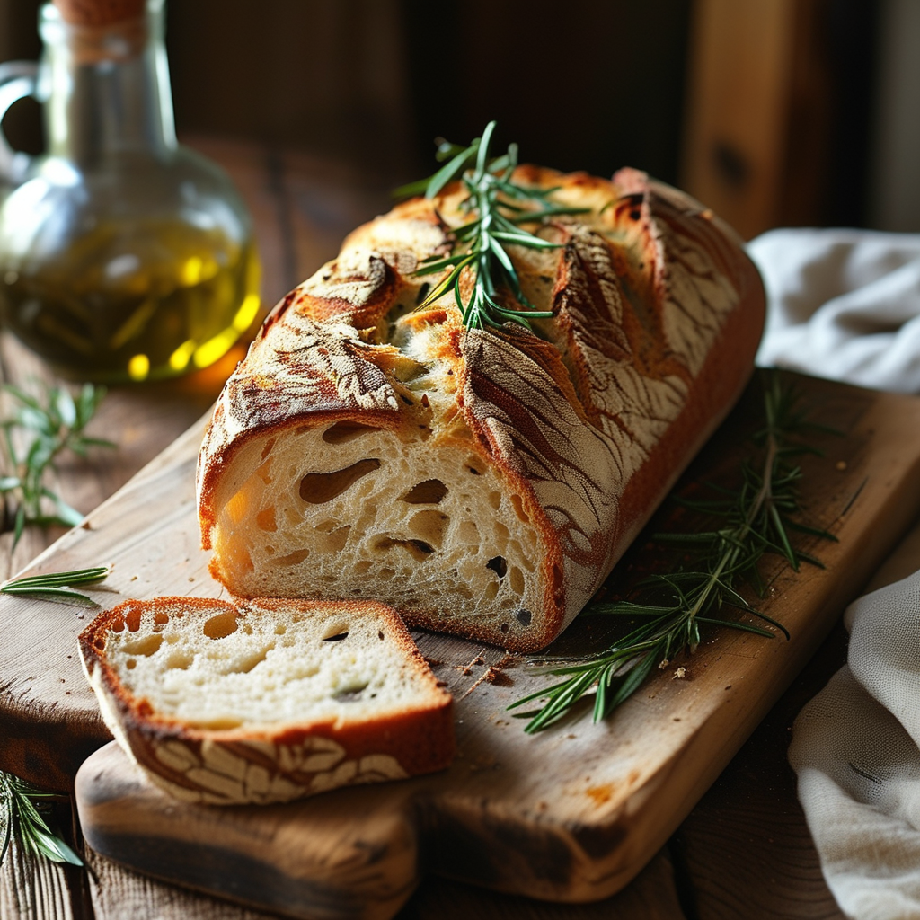 Herbs in Bread: Enhancing Flavor and Health 2 A loaf of rustic bread, infused with rosemary and olive oil, resting on a table.