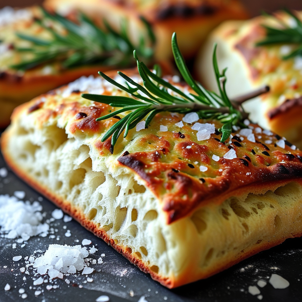 Herbs in Bread: Enhancing Flavor and Health 4 A close-up shot of a freshly baked focaccia topped with fresh rosemary and sea salt.