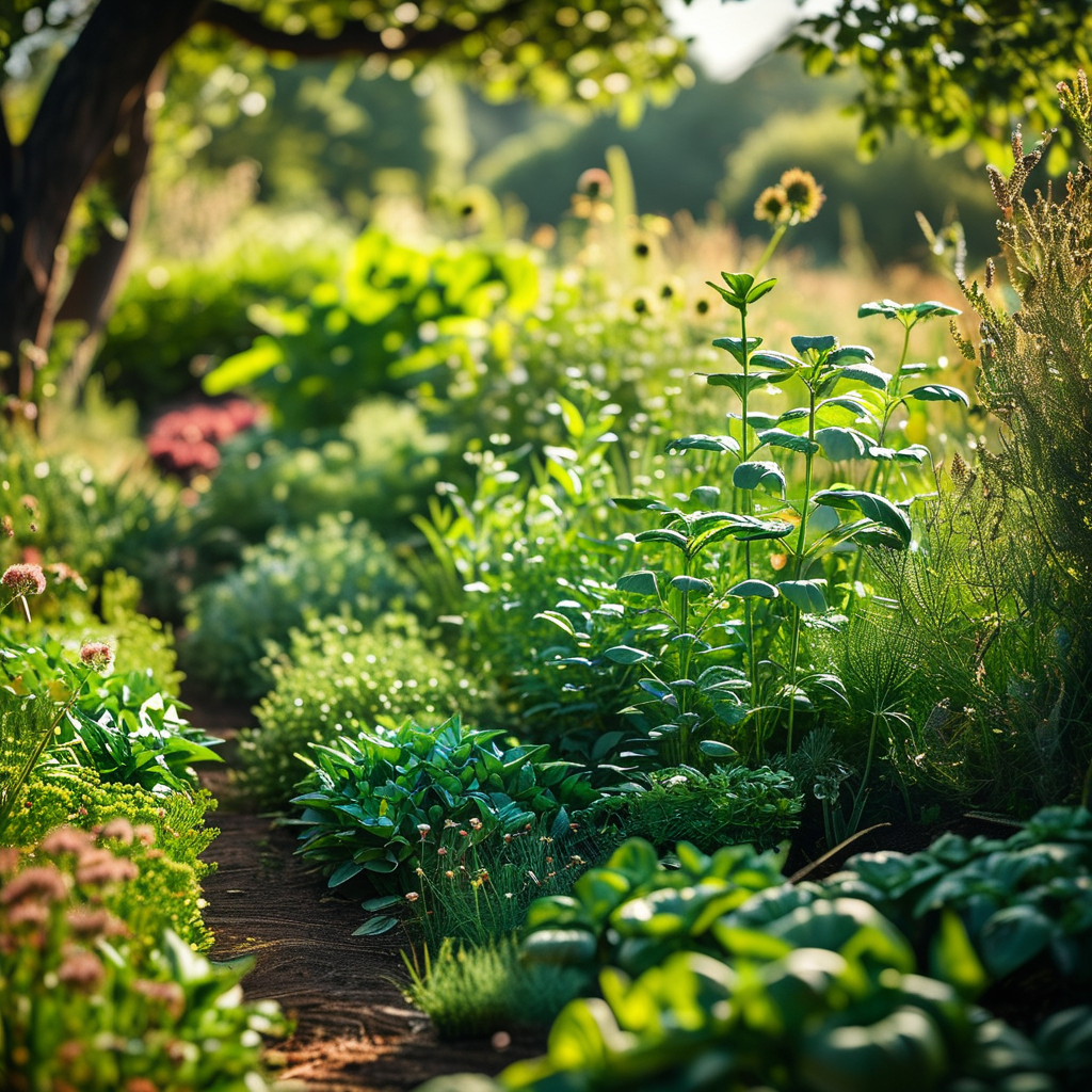 Herbs in Bread: Enhancing Flavor and Health 5 A serene, herb-garden scene showcasing different herb plants growing together.