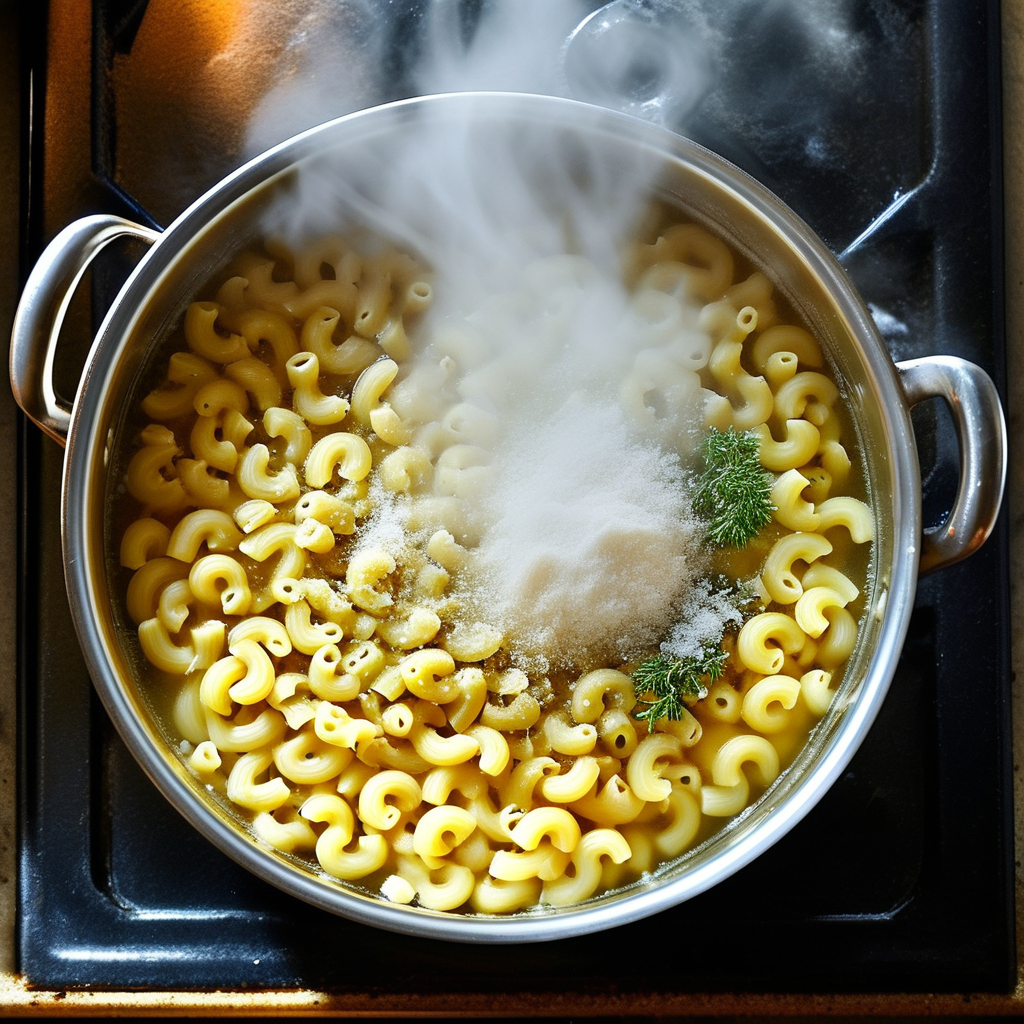 Pasta with Rotisserie Chicken: Easy and Delicious Recipes 2 An overhead view of a pot of boiling water with pasta being added, steam rising, a sprinkle of salt.