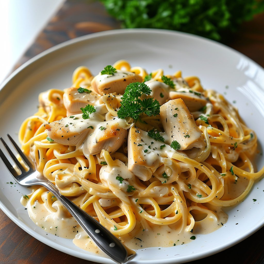 Pasta with Rotisserie Chicken: Easy and Delicious Recipes 3 A beautifully plated chicken Alfredo pasta dish with creamy sauce and a sprinkle of parsley.