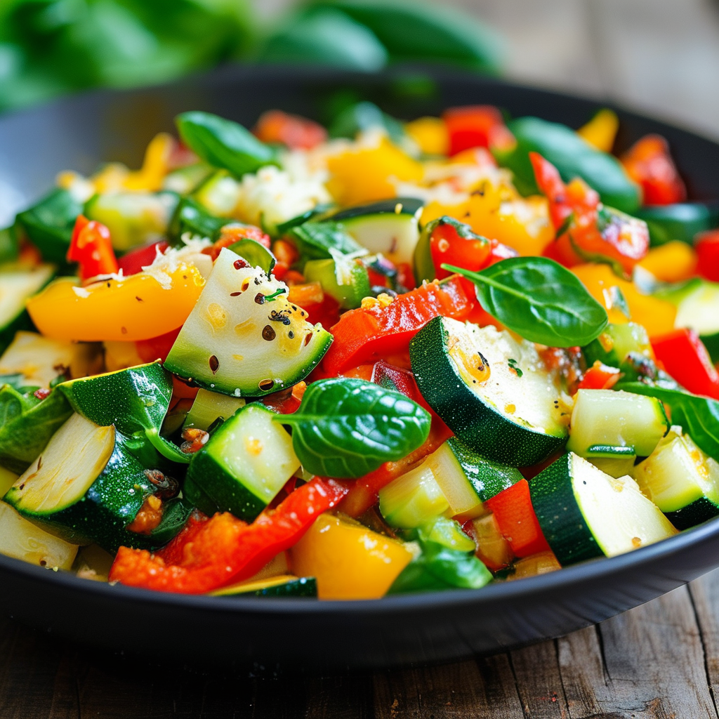 Pasta with Rotisserie Chicken: Easy and Delicious Recipes 4 A vibrant display of chopped vegetables including spinach, bell peppers, and zucchini.