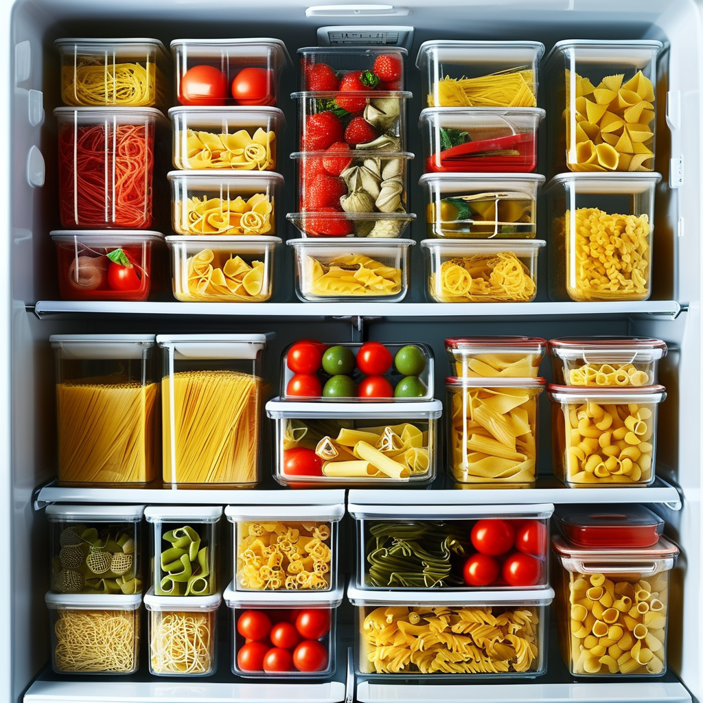 Pasta with Rotisserie Chicken: Easy and Delicious Recipes 5 A fridge filled with neatly organized airtight containers containing leftover pasta dishes.