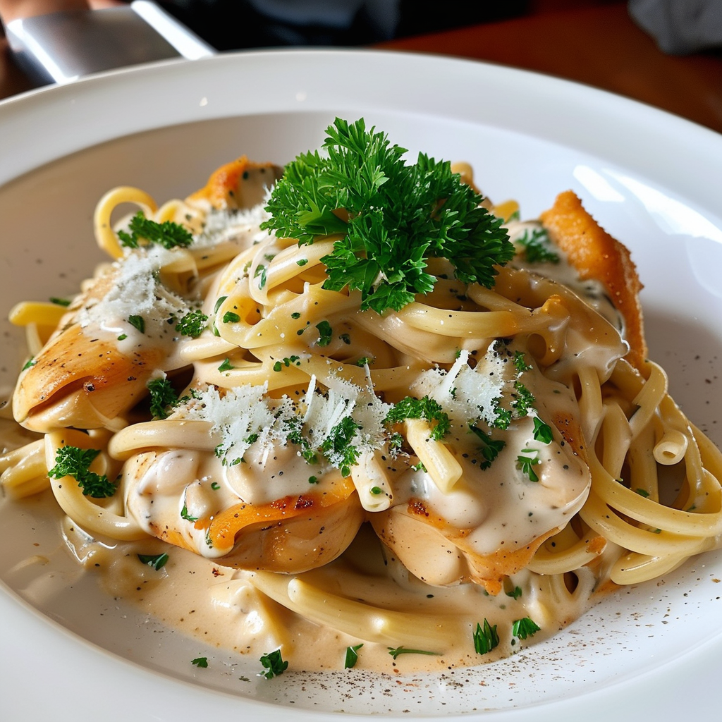 Delectable Recipes with Rotisserie Chicken and Pasta 1 A beautifully arranged plate of Chicken Alfredo Pasta with a creamy sauce, garnished with parsley and grated Parmesan cheese.