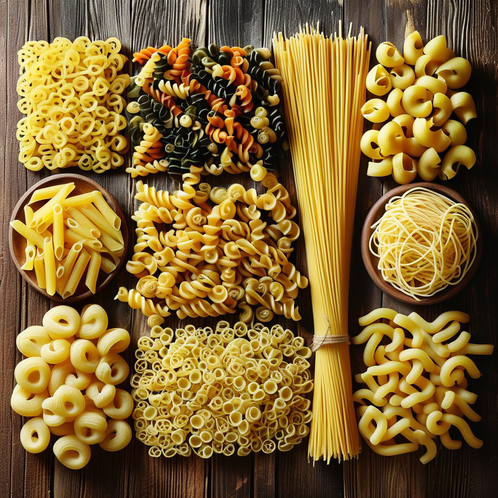 Delectable Recipes with Rotisserie Chicken and Pasta 2 An assortment of popular pasta shapes including spaghetti, penne, fusilli, and farfalle displayed artistically on a rustic wooden table.
