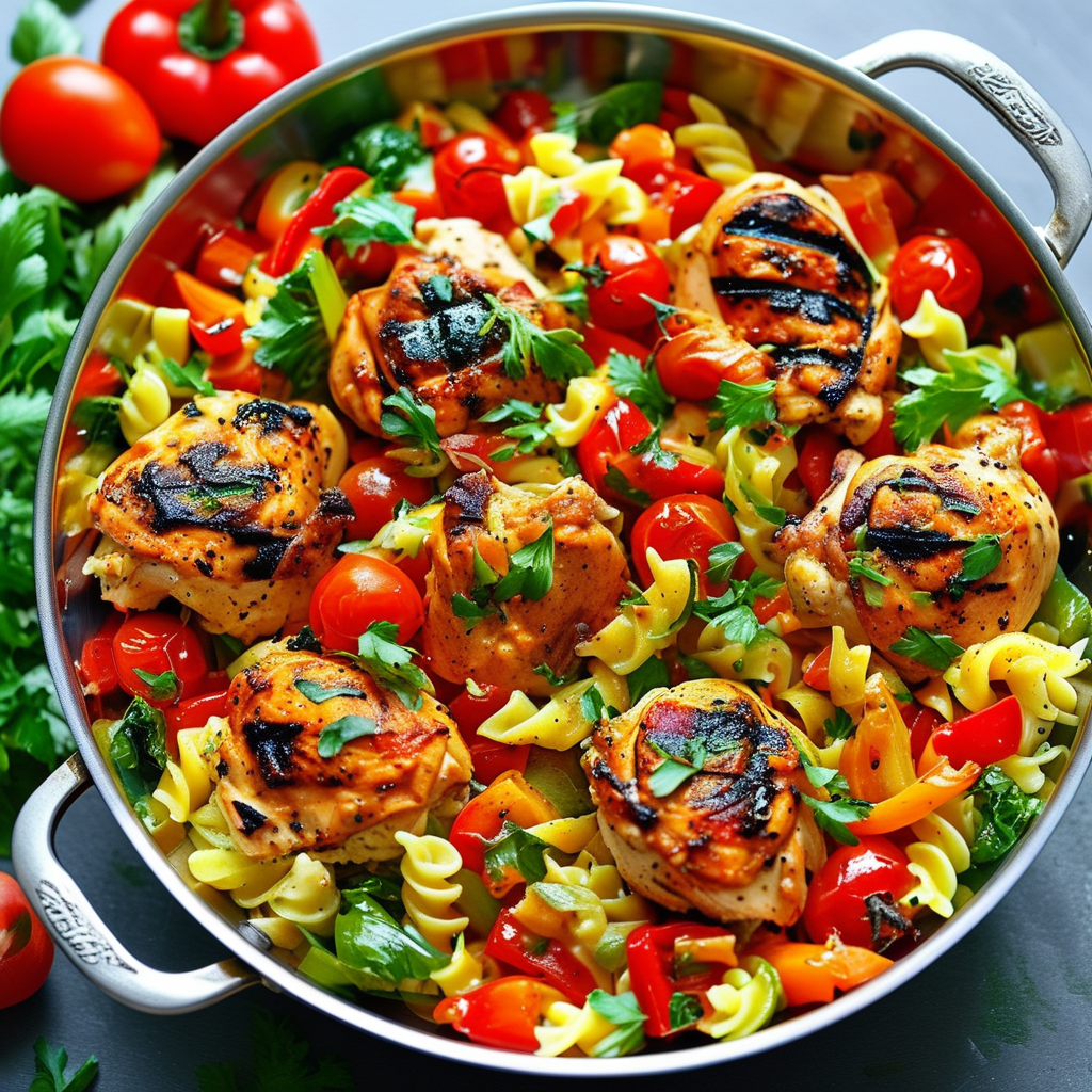 Delectable Recipes with Rotisserie Chicken and Pasta 4 A colorful One-Pot Rotisserie Chicken and Pasta Primavera filled with vibrant vegetables, served in a skillet.