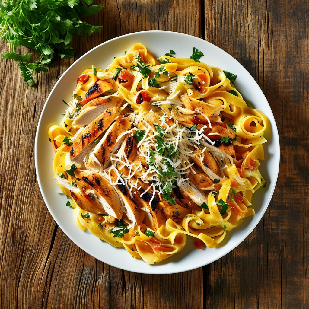 Delicious Rotisserie Chicken Pasta Recipes 1 A vibrant plate of golden pasta mixed with shredded rotisserie chicken, topped with fresh herbs and sprinkled cheese, arranged on a rustic wooden table.