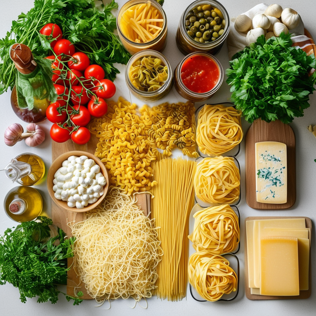 Delicious Rotisserie Chicken Pasta Recipes 2 An overhead shot of all the essential ingredients laid out: different types of pasta, sauces, vegetables, and cheese on a clean kitchen countertop.