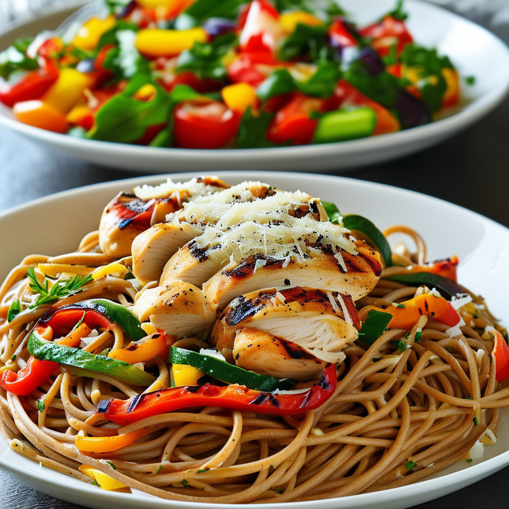 Delicious Rotisserie Chicken Pasta Recipes 4 Whole wheat spaghetti intertwined with rotisserie chicken pieces and colorful vegetables, elegantly plated with a sprinkle of parmesan on top.