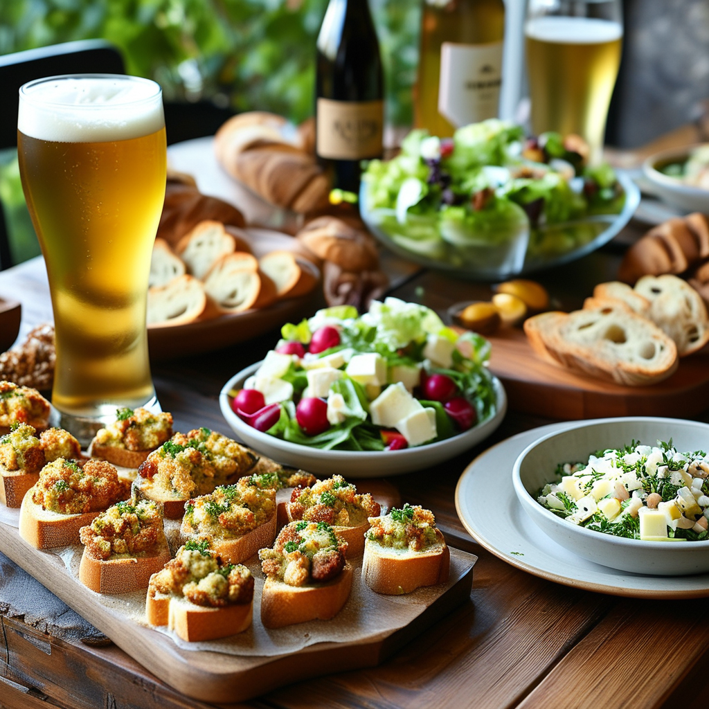Delicious Rotisserie Chicken Pasta Recipes 5 A selection of side dishes (garlic bread, caesar salad) arranged with wine glasses filled with Chardonnay and light beers, styled beautifully on a dining table.