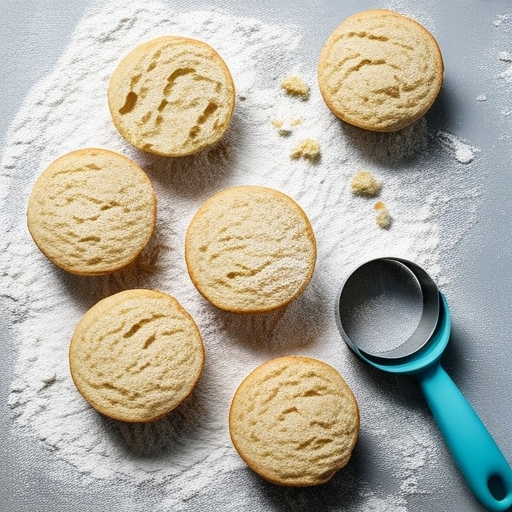 Homemade Sourdough English Muffins: A Complete Guide 4 Cut sourdough muffins on a floured surface with a biscuit cutter beside them.