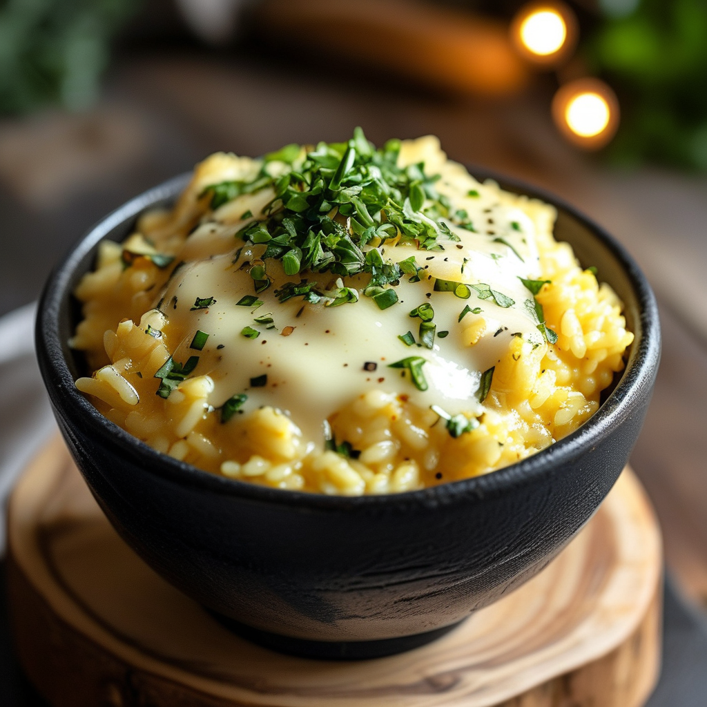 Cheesy Rice Dish 1 A bowl of creamy cheesy rice topped with melted cheese and garnished with fresh herbs.