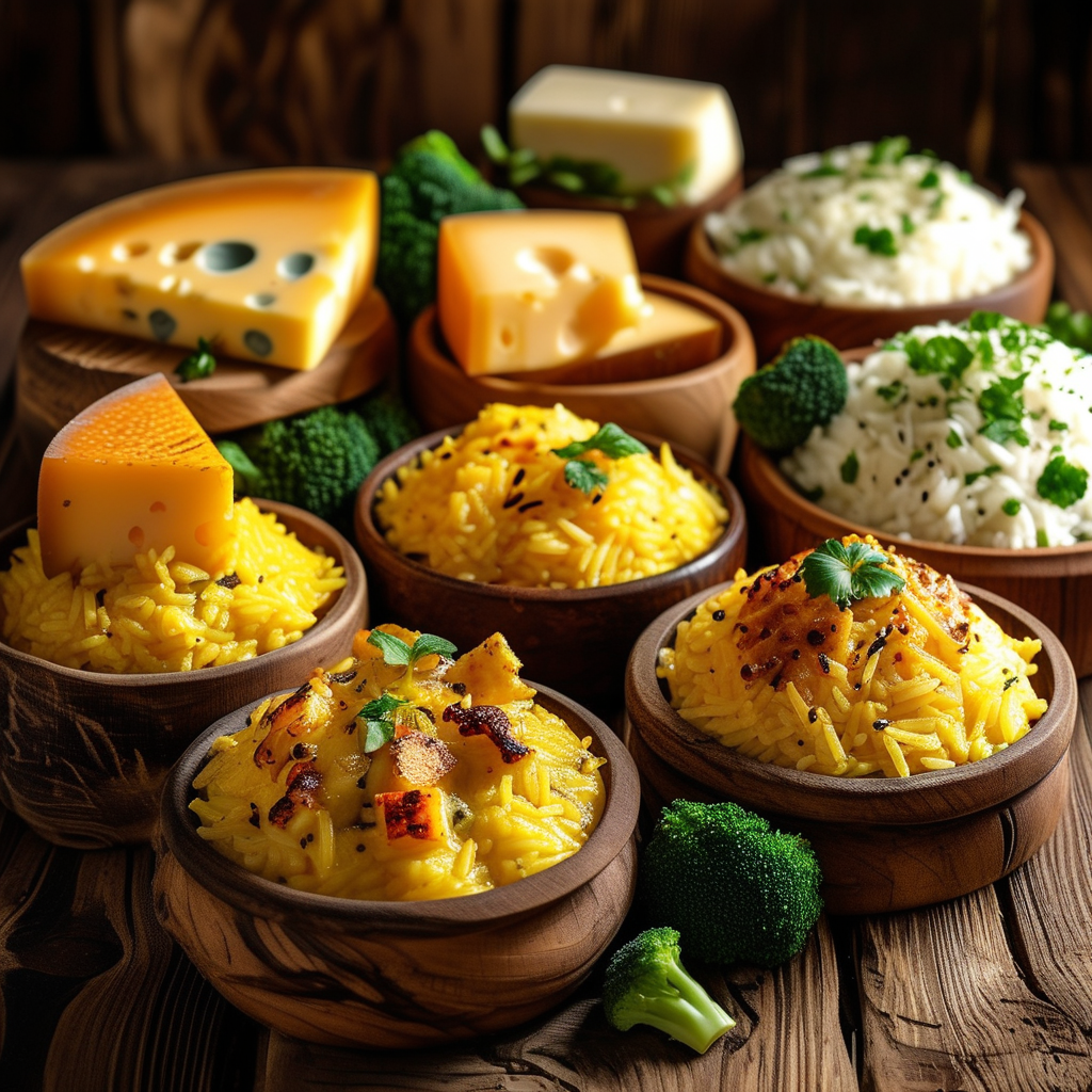 Cheesy Rice Dish 3 A variety of cheesy rice dishes displayed on a rustic wooden table.