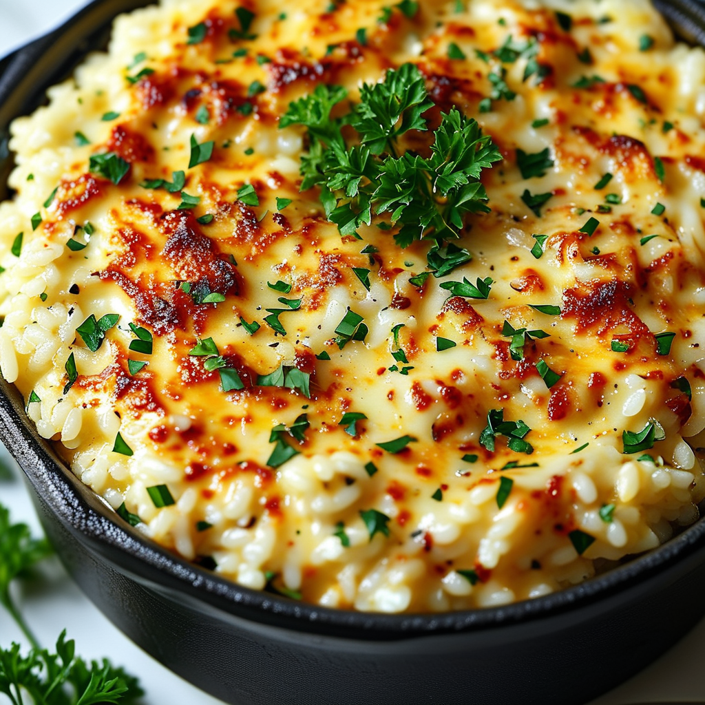 Cheesy Rice Dish 5 A close-up of a pot of cheesy rice with creamy texture and melted cheese.