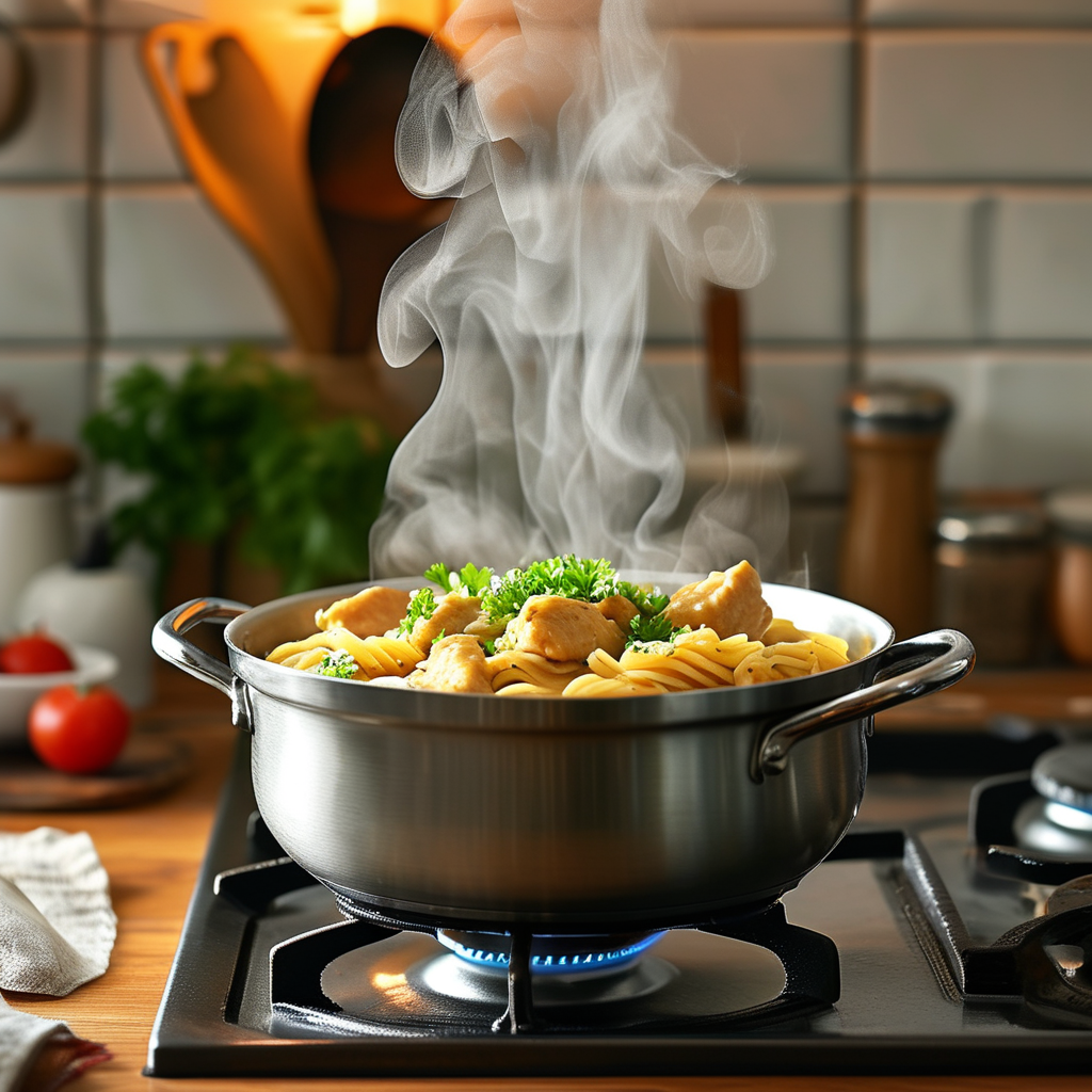 Chicken Pot Pie Pasta: A Comforting Fusion Recipe 2 Stovetop cooking method showing Chicken Pot Pie Pasta simmering in a pot
