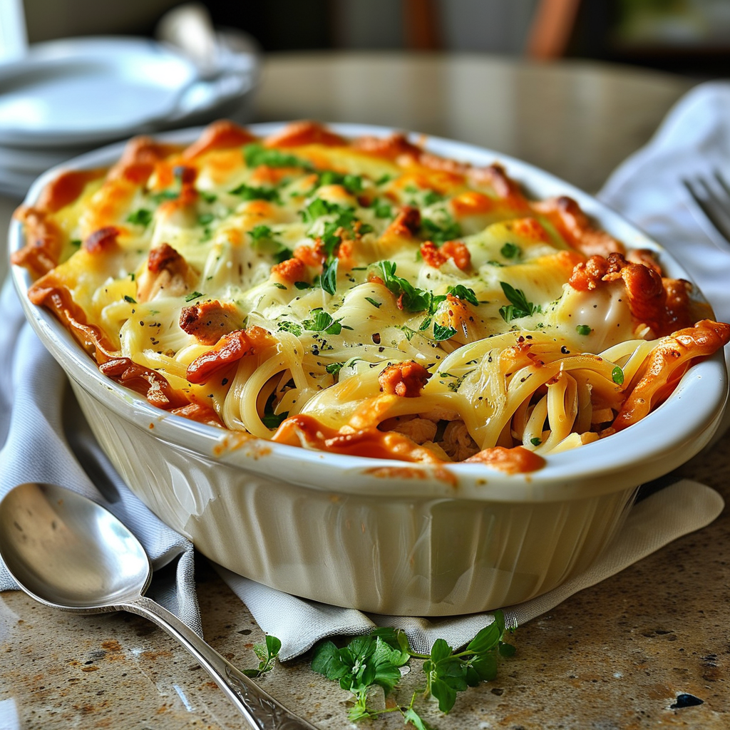 Chicken Pot Pie Pasta: A Comforting Fusion Recipe 3 A baked version of Chicken Pot Pie Pasta in a casserole dish out of the oven
