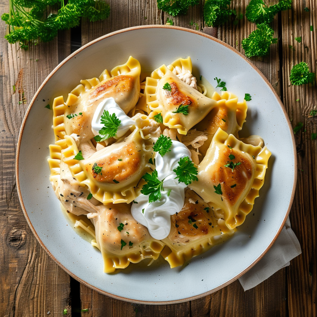 Chicken Pot Pie Pasta: A Comforting Fusion Recipe 4 A beautifully plated serving of Chicken Pot Pie Pasta with parsley garnishing