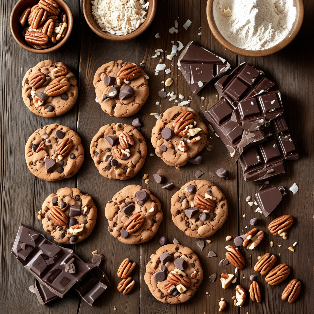 German Chocolate Cookies: A Sweet Delight 2 Key ingredients for German Chocolate Cookies: flour, cocoa powder, chocolate chips, shredded coconut, and chopped pecans