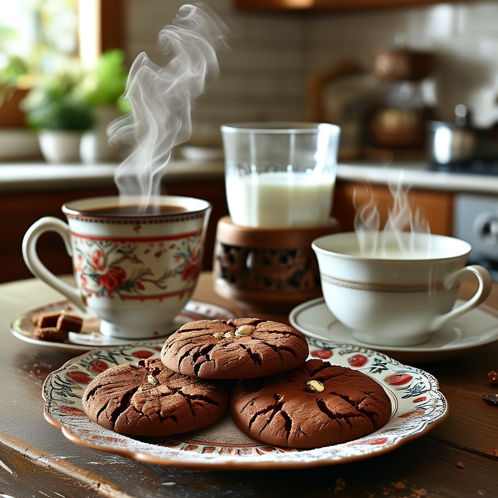 German Chocolate Cookies: A Sweet Delight 5 German Chocolate Cookies served on a decorative plate with coffee and milk