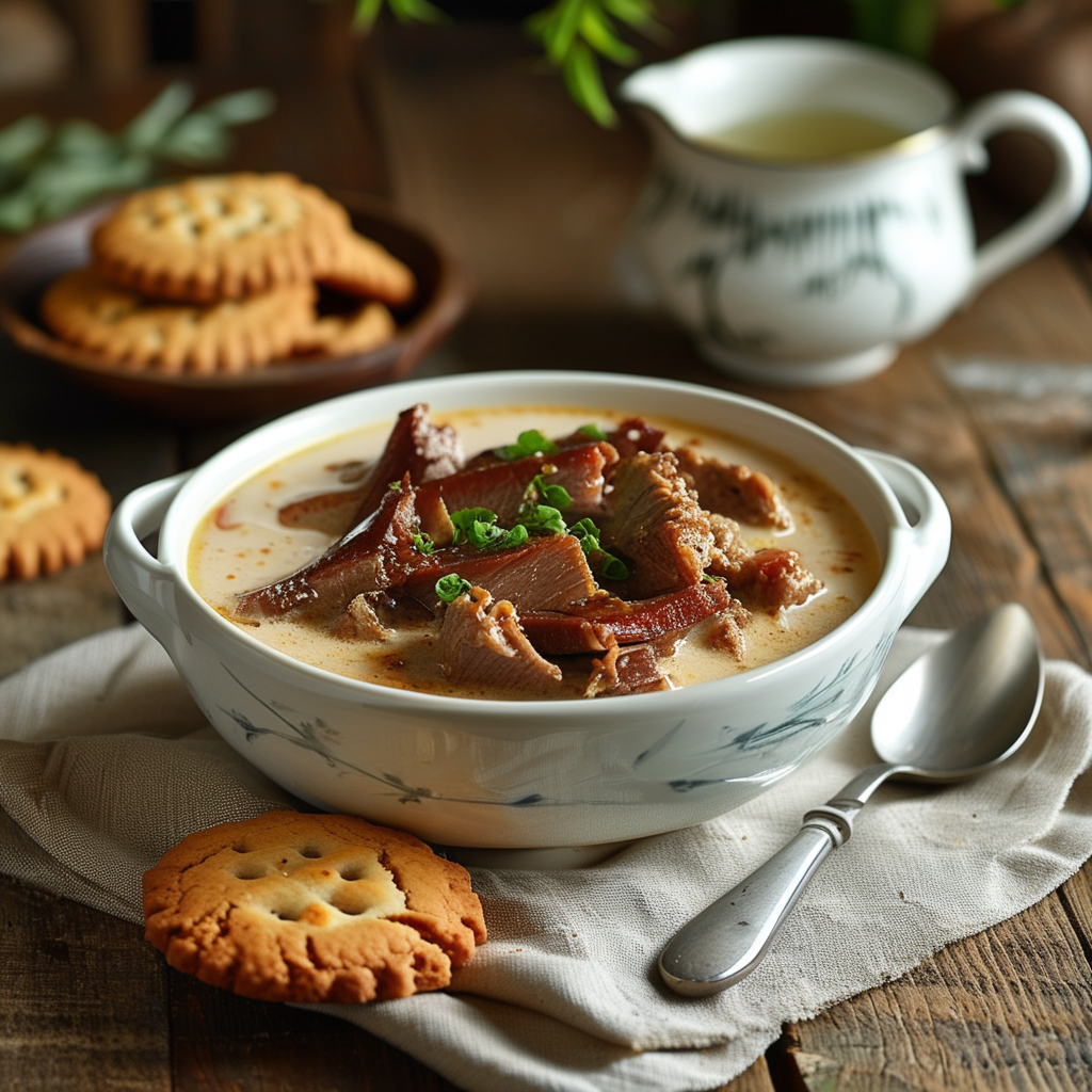 Cracker Barrel Sawmill Gravy Made of 1 A warm bowl of creamy sawmill gravy served over freshly baked biscuits, surrounded by a rustic table setting with Southern-style tableware.