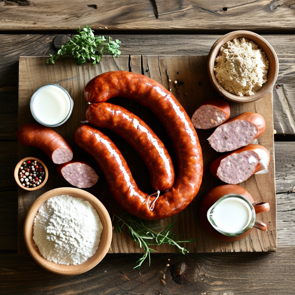 Cracker Barrel Sawmill Gravy Made of 2 An aerial view of the ingredients for sawmill gravy arranged on a wooden countertop: sausage, flour, milk, salt, and pepper.