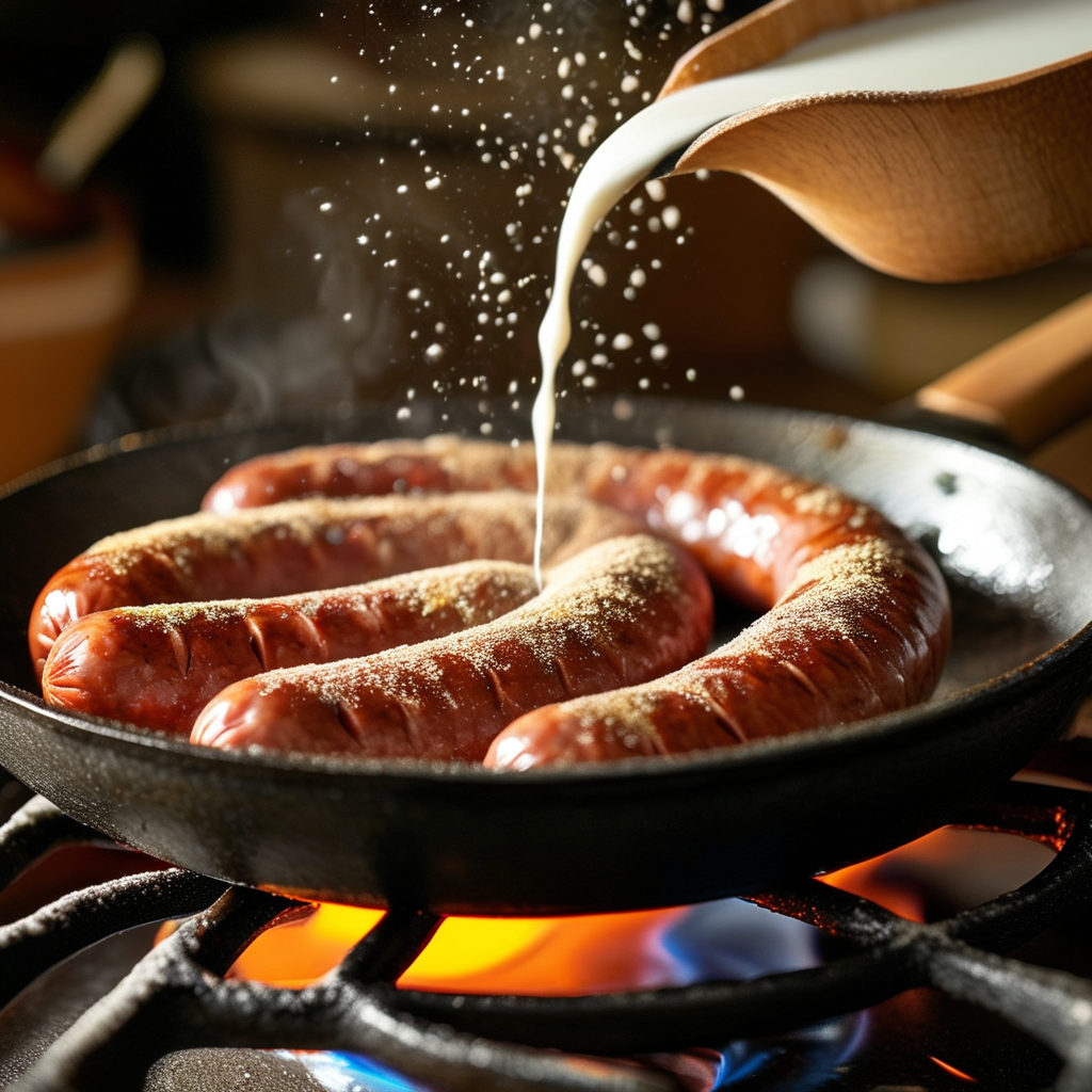 Cracker Barrel Sawmill Gravy Made of 3 A close-up of a skillet on a stove showing the process of cooking sausage, with flour sprinkled on top and milk being poured in, emphasizing the textures.
