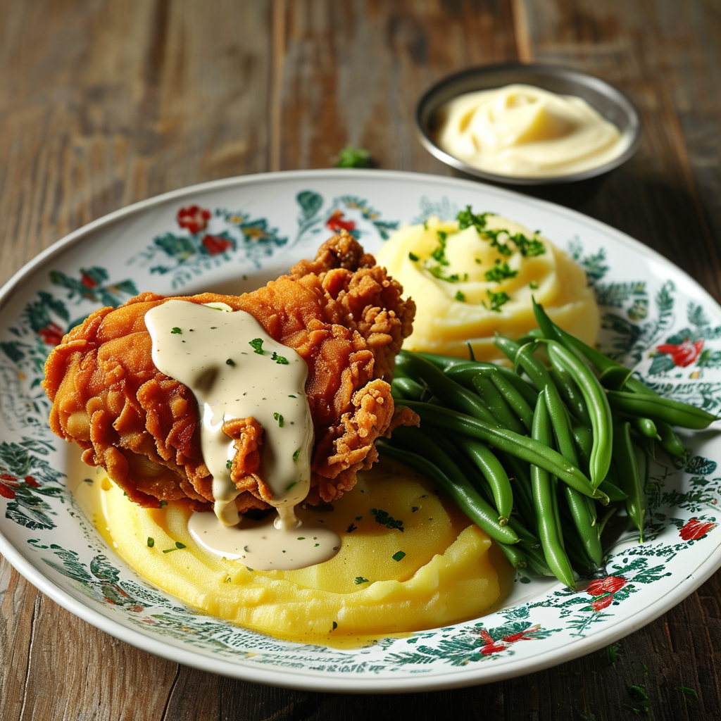 Cracker Barrel Sawmill Gravy Made of 4 A beautiful plate of fried chicken smothered in sawmill gravy, served with a side of buttery mashed potatoes and green beans on a vintage plate.