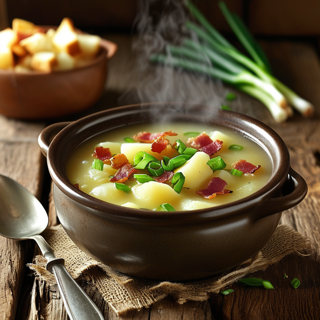 Crock Pot Potato Soup Hash Browns 1 A warm, steaming bowl of crock pot potato soup garnished with chopped green onions and crumbled bacon, placed on a rustic wooden table.