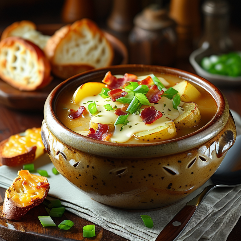 Crock Pot Potato Soup Hash Browns 4 A loaded baked potato soup served in a bowl, topped with cheese, green onions, and bacon, on a table with crusty rolls on the side.
