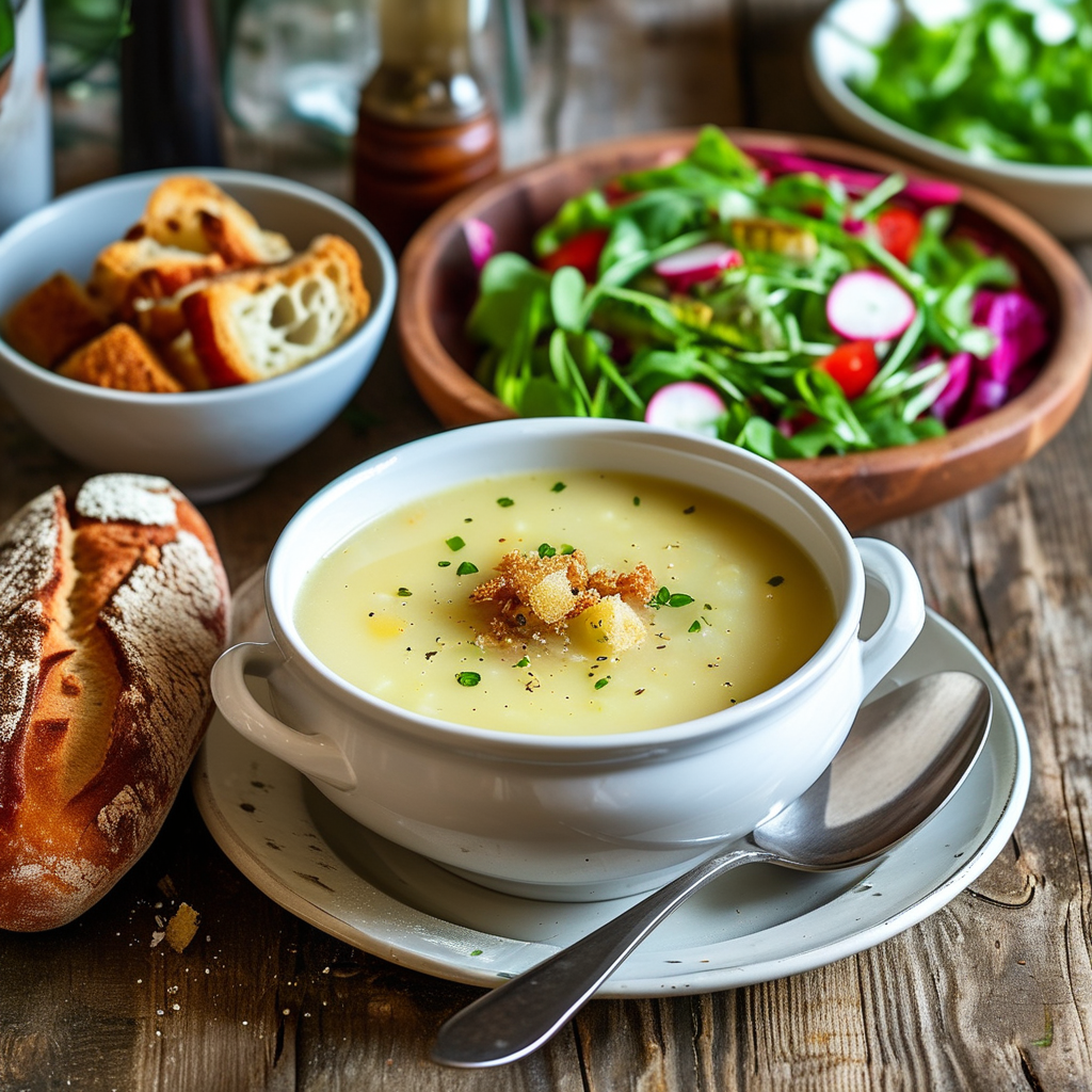 Crockpot Potato Soup With Shredded Hash Browns 5 Bowl of Soup with Bread and Salad
