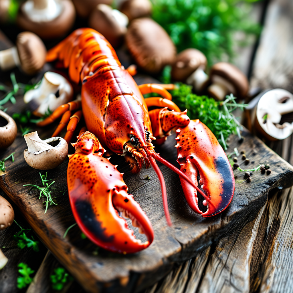 Langostino Mushroom Sour Cream Gravy 1 Fresh langostinos and mushrooms on a wooden cutting board