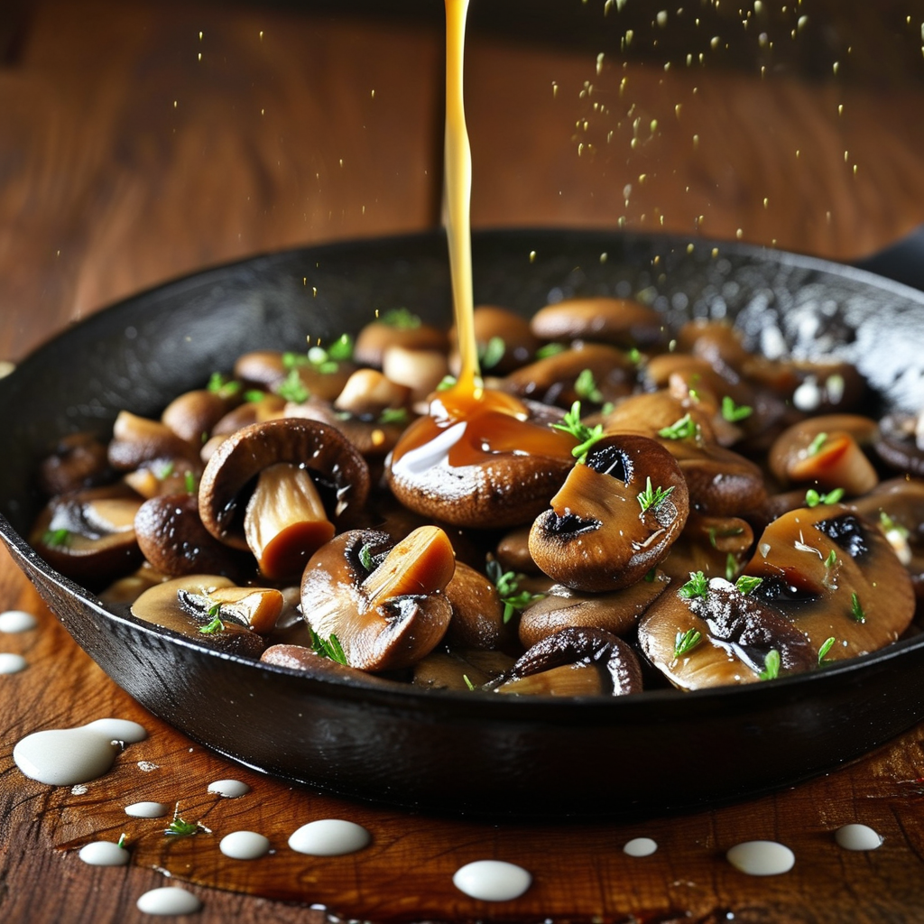 Langostino Mushroom Sour Cream Gravy 3 Caramelized mushrooms in a pan