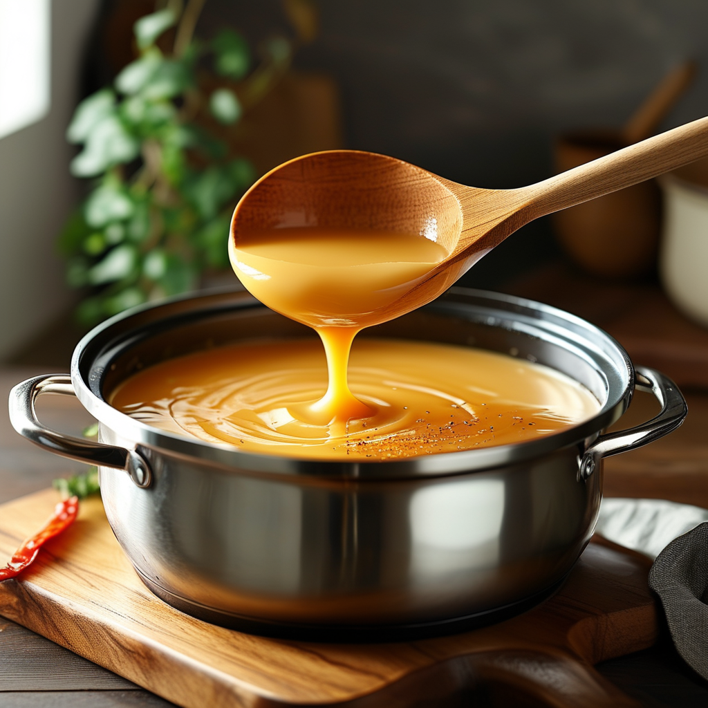 Langostino Mushroom Sour Cream Gravy 4 Creamy gravy being stirred in a pot