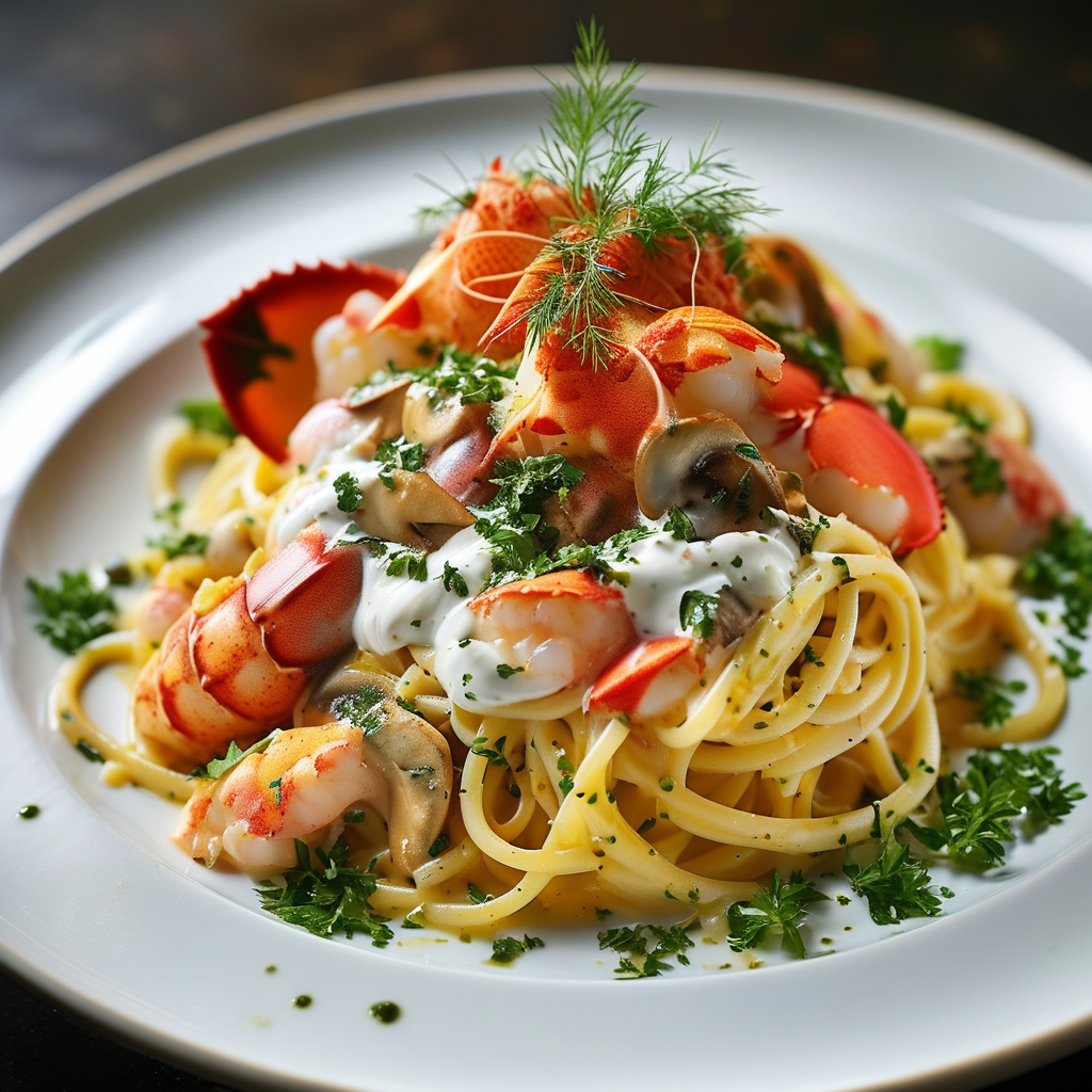 Langostino Mushroom Sour Cream Gravy 5 Pasta topped with langostino mushroom sour cream gravy