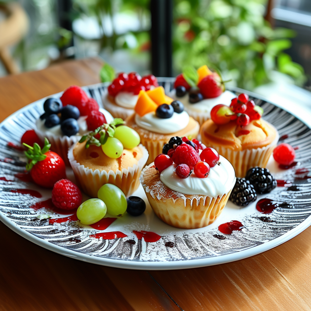 Muffin Recipes with Sour Cream 3 An aesthetically pleasing plate with several sour cream muffins arranged and possibly garnished with fresh fruits or herbs, ready to be served.