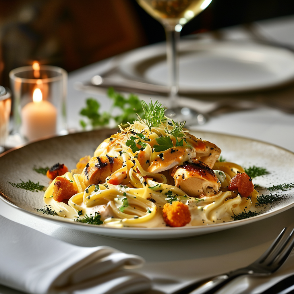 Pasta and Rotisserie Chicken 1 A beautifully plated dish of Pasta and Rotisserie Chicken