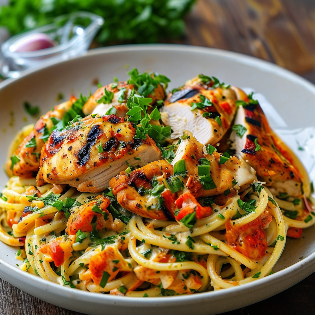 Pasta and Rotisserie Chicken 4 A vibrant dish of Garlic and Herb Rotisserie Chicken Pasta