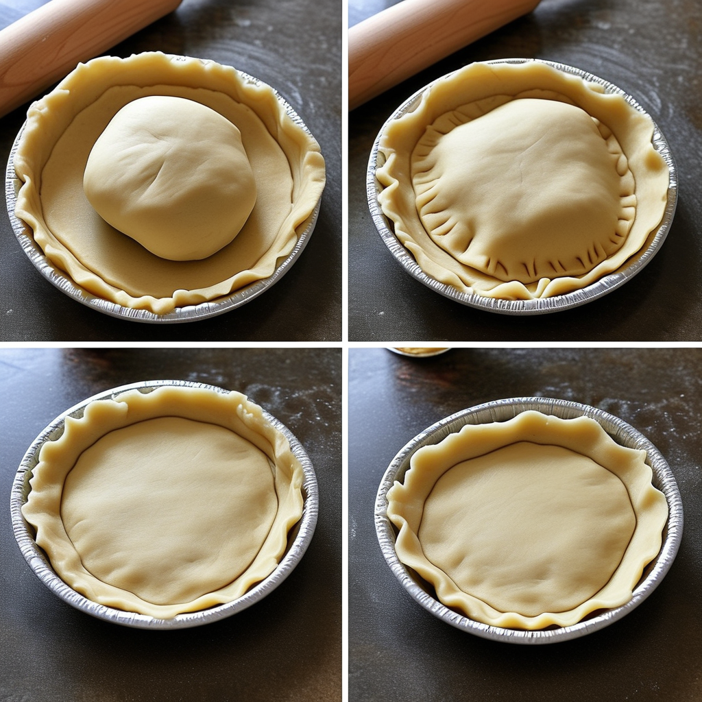 Pie Crust vs Puff Pastry 2 Step-by-step images illustrating the process of making a classic pie crust, including mixing ingredients, rolling out dough, and the final crust in a pie dish.