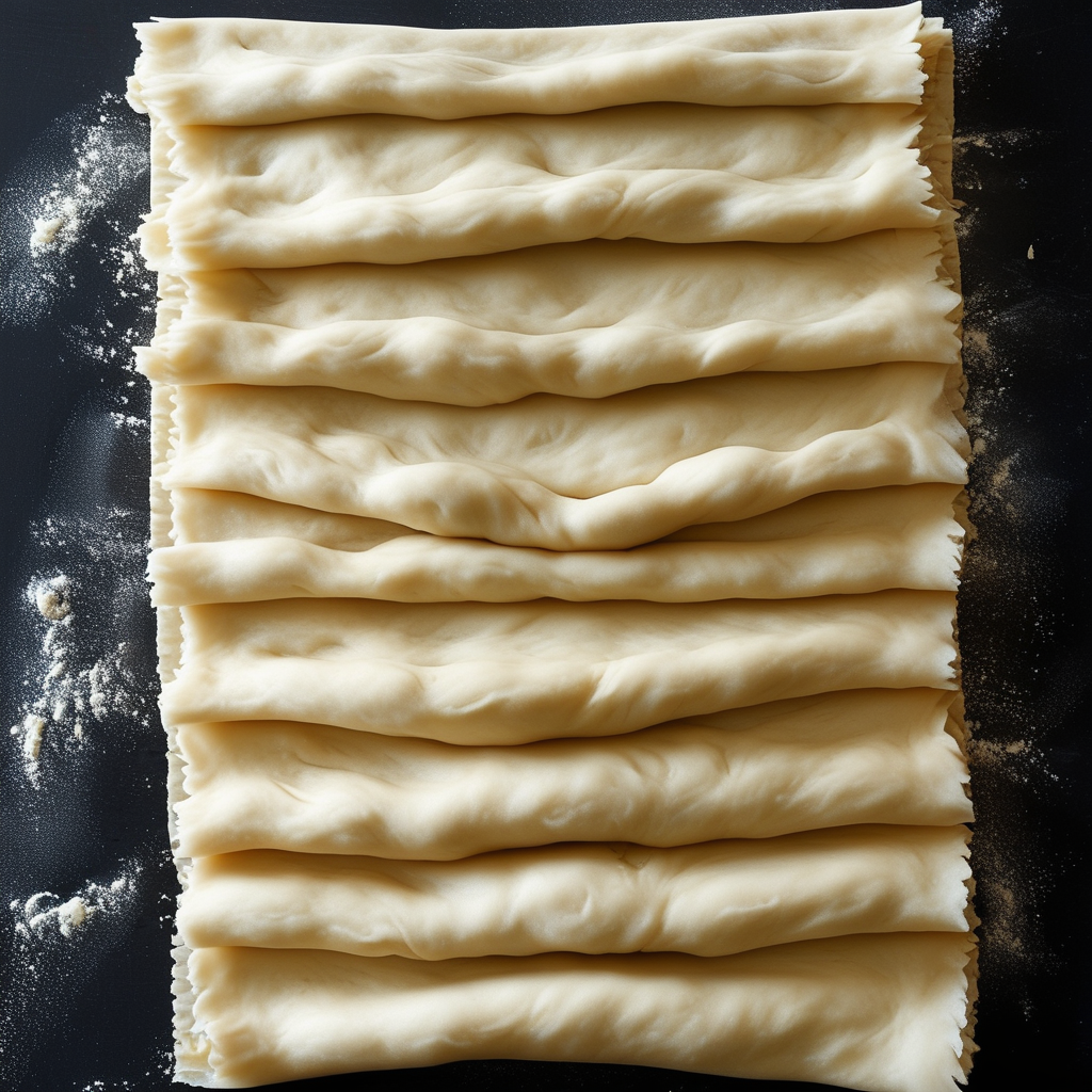 Pie Crust vs Puff Pastry 3 A visual representation of puff pastry's lamination process, showing layers of dough being folded and rolled out.