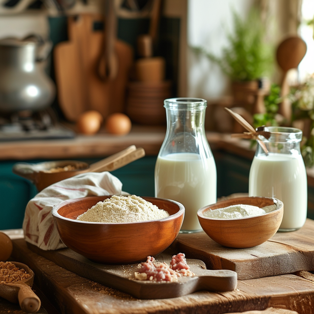 Sawmill Gravy Recipe 2 A close-up shot of the key ingredients: flour, a jug of milk, and a bowl of rendered fat displayed attractively with measuring utensils.