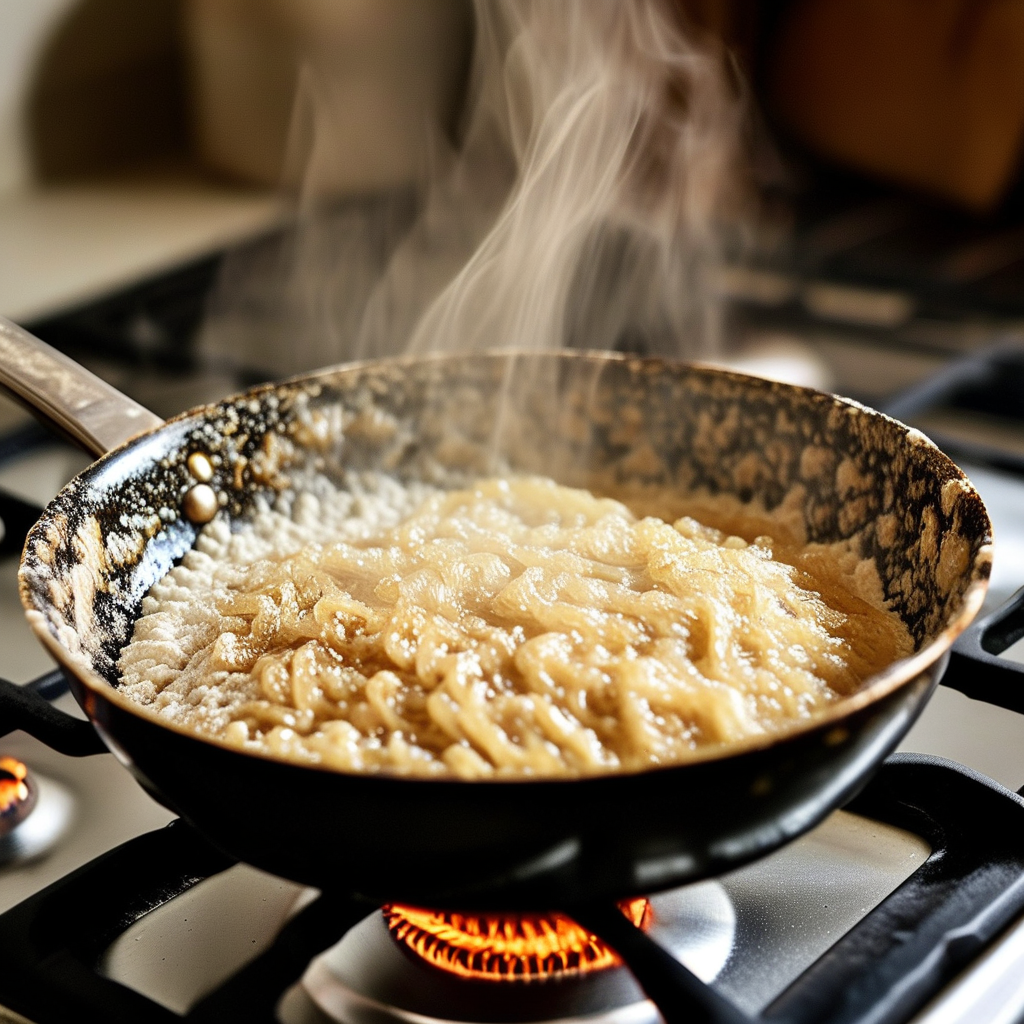 Sawmill Gravy Recipe 3 A pan on the stovetop with a roux simmering, showing the gradual process of turning from flour and fat to a golden-brown color.