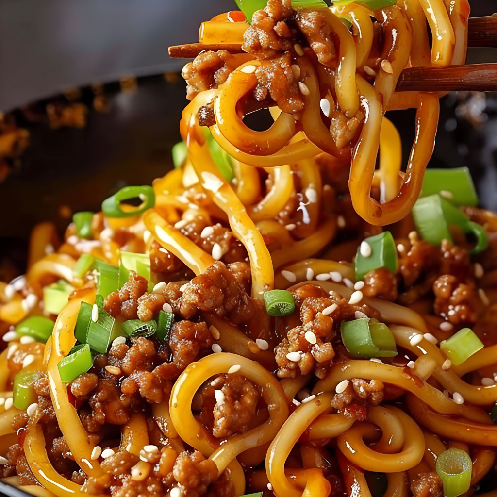 The Ultimate Guide to Irresistible Mongolian Ground Beef Noodles 1 A beautifully plated serving of Mongolian Ground Beef Noodles topped with vibrant sliced green onions