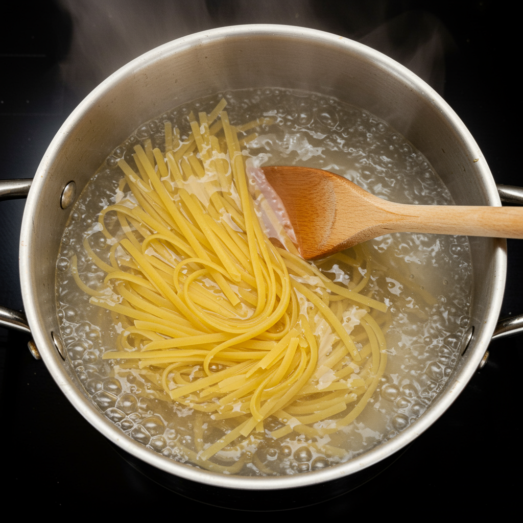 The Ultimate Guide to Irresistible Mongolian Ground Beef Noodles 2 A large pot of boiling water with linguine pasta being added
