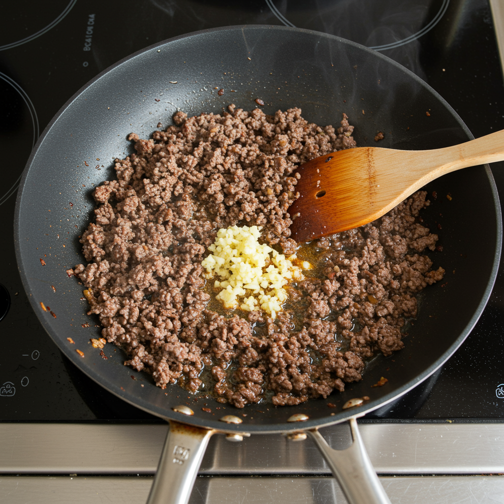 The Ultimate Guide to Irresistible Mongolian Ground Beef Noodles 3 A large skillet on a stovetop with ground beef browning