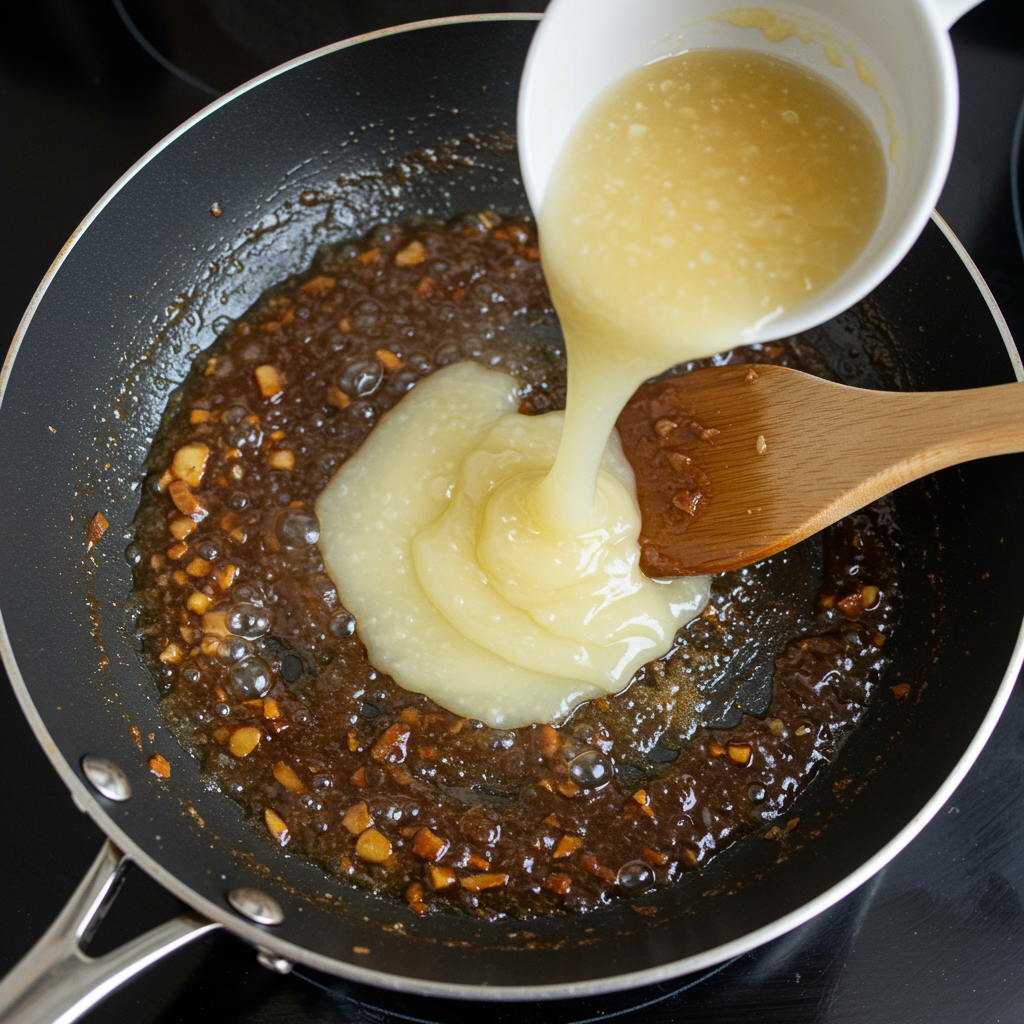 The Ultimate Guide to Irresistible Mongolian Ground Beef Noodles 5 A skillet with bubbling sauce being thickened with a cornstarch slurry